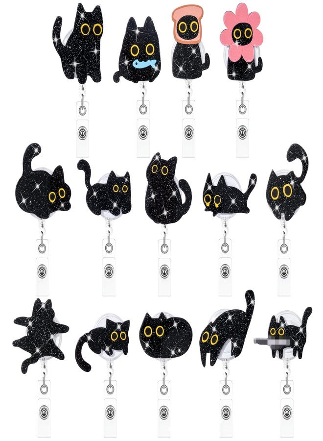 Eartim Cute Black Cat Glitter Badge Reel - 14Pcs Funny Animal Acrylic Retractable ID Badge with Metal Clip Name Tag Holder for Nurse Cat Lover Office Staff Student Birthday Gift Halloween Party Supply - Image 1