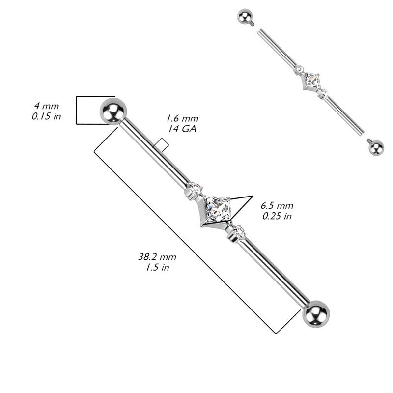 Pierced Owl 14GA G23 Implant Grade Titanium 2 Round CZ Crystals and Square Crystal Center Internally Threaded Industrial Barbell (Silver Tone) - Image 2