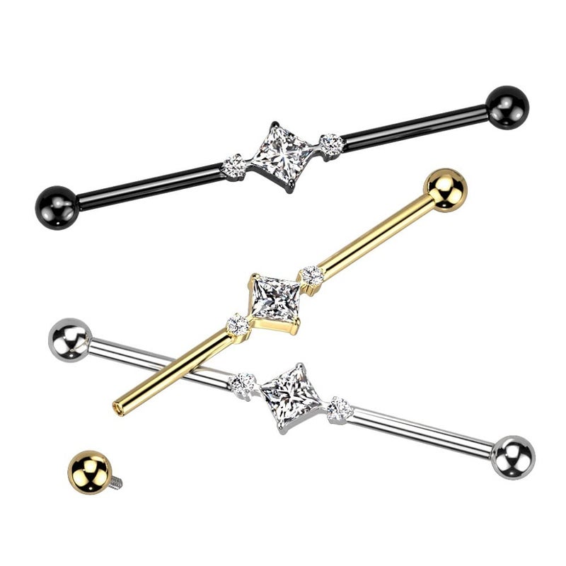 Pierced Owl 14GA G23 Implant Grade Titanium 2 Round CZ Crystals and Square Crystal Center Internally Threaded Industrial Barbell (Silver Tone) - Image 3