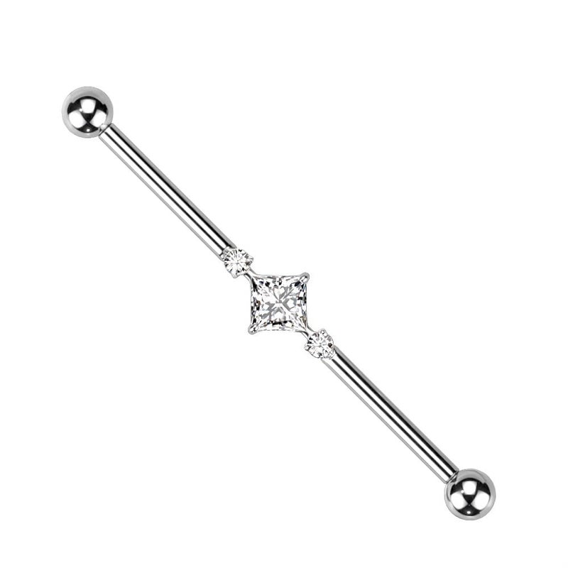 Pierced Owl 14GA G23 Implant Grade Titanium 2 Round CZ Crystals and Square Crystal Center Internally Threaded Industrial Barbell (Silver Tone) - Image 1