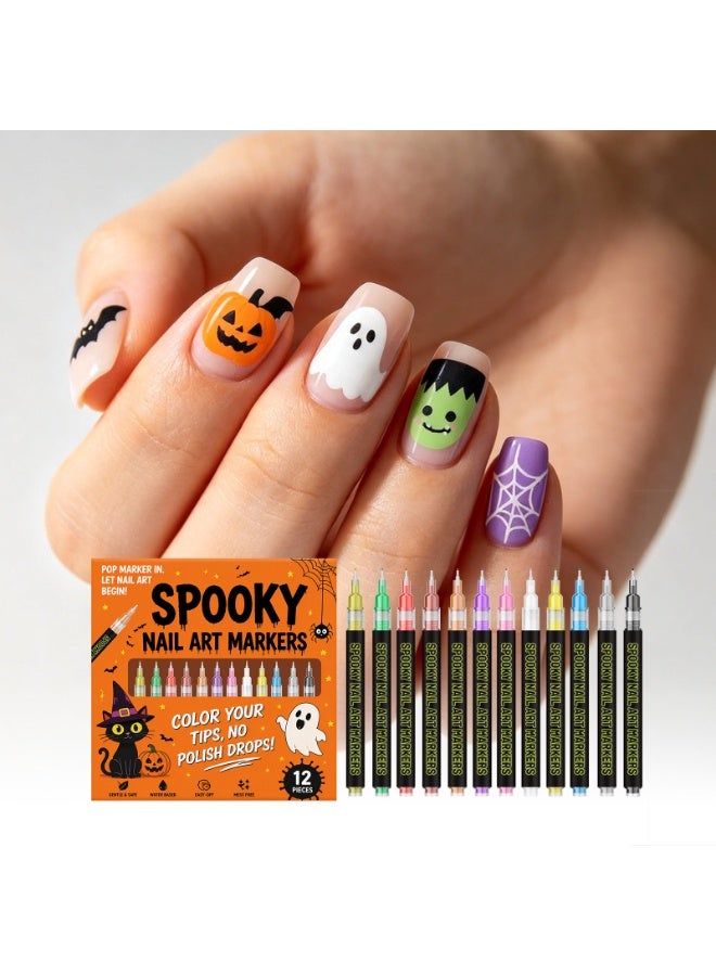 12 Colors Halloween Nail Art Marker Pens, Water Based Quick Dry Nail Drawing Pen for DIY Nail Decorations - Image 1