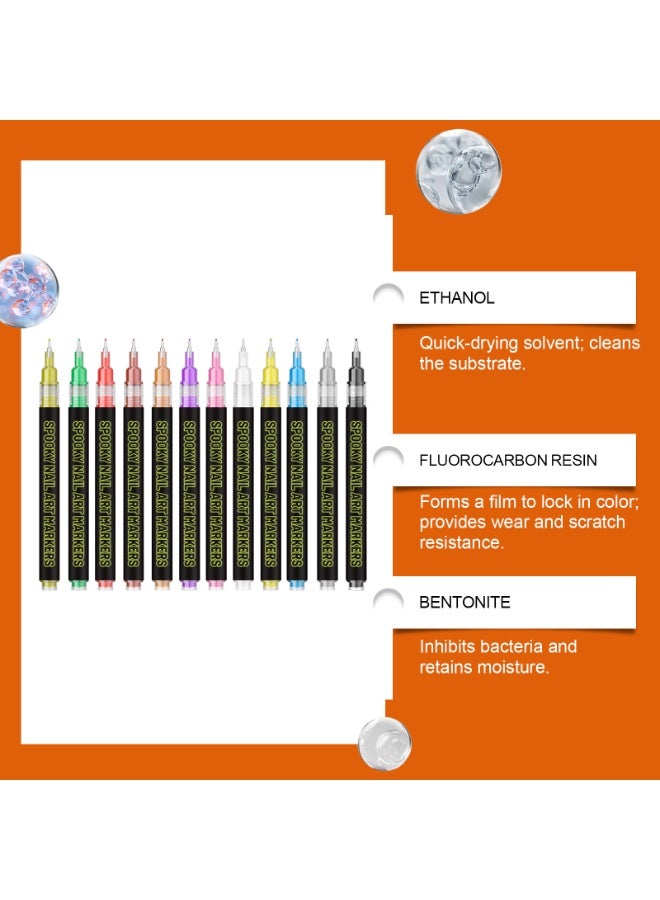 12 Colors Halloween Nail Art Marker Pens, Water Based Quick Dry Nail Drawing Pen for DIY Nail Decorations - Image 2