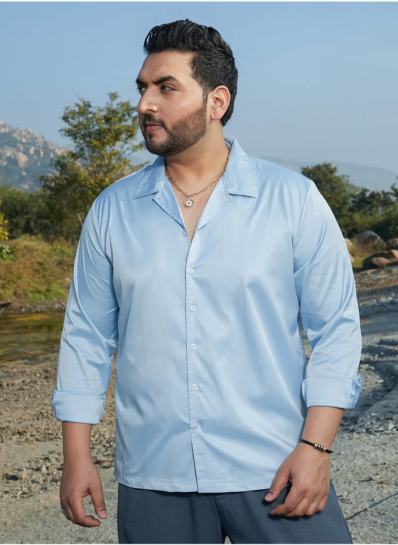 انستافاب بلس Instafab Plus Men's Baby Blue Solid Cuban Shirt For Casual Wear | Cuban Collar | Long Cuffed Sleeves | Button Closure | Plus Size Shirt Crafted With Comfort Fit For Everyday Wear