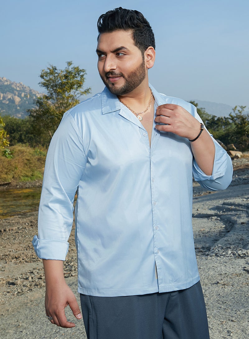 Instafab Plus Instafab Plus Men's Baby Blue Solid Cuban Shirt For Casual Wear | Cuban Collar | Long Cuffed Sleeves | Button Closure | Plus Size Shirt Crafted With Comfort Fit For Everyday Wear - Image 3