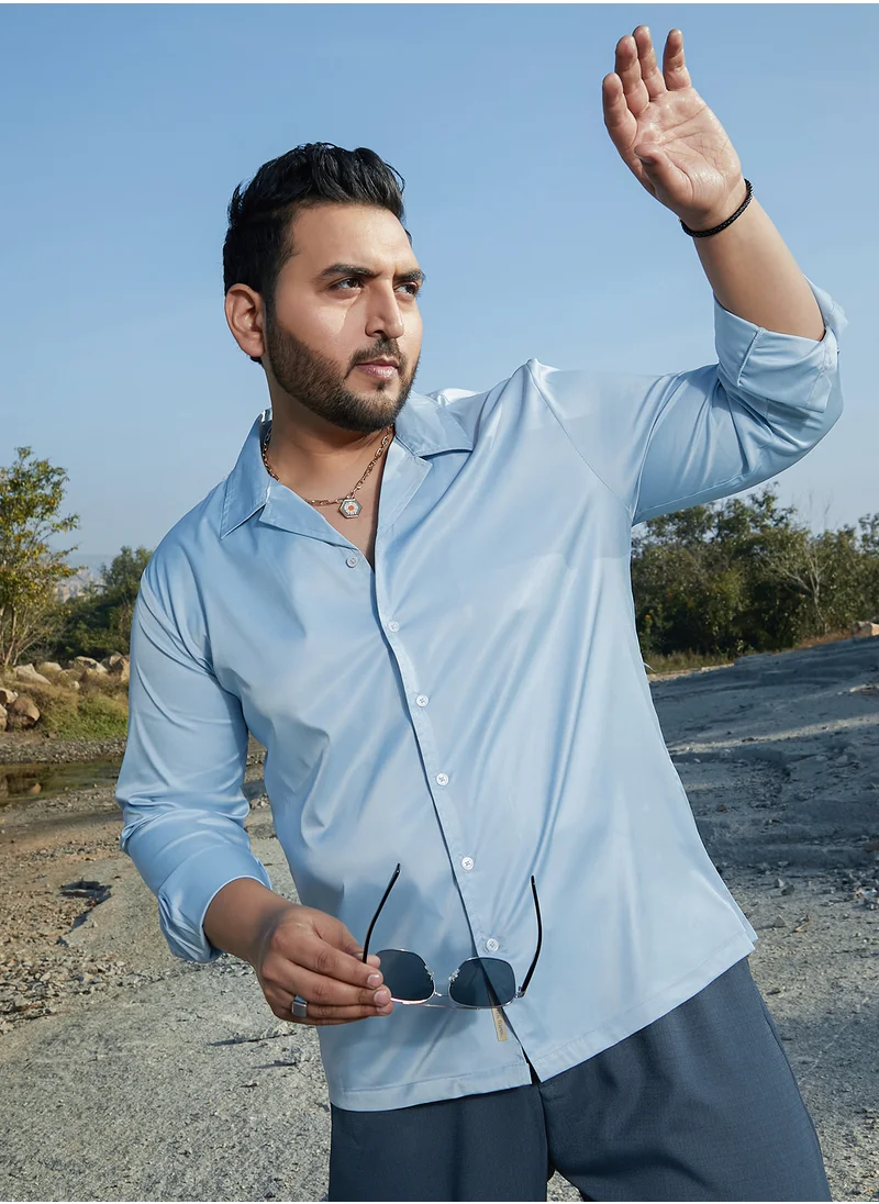 انستافاب بلس Instafab Plus Men's Baby Blue Solid Cuban Shirt For Casual Wear | Cuban Collar | Long Cuffed Sleeves | Button Closure | Plus Size Shirt Crafted With Comfort Fit For Everyday Wear