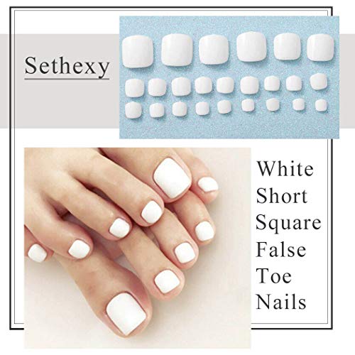 Sethexy Solid Color Glossy False Toe Nails Bright Fashion Square Short Full Cover 24PCS Fake ToeNails for Women and Girls(White) - Image 3