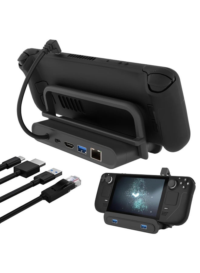 محطة إرساء لجهاز ستيم ديك، 6 في 1 محطة إرساء قابلة للطي مع HDMI 2.0 دقة 4K@60Hz، LAN بسرعة 1000Mbps، 3 منافذ USB3.0 ومنفذ شحن USB-C بقوة 100 واط لجهاز فالڤ ستيم ديك، باللون الأسود - Image 1