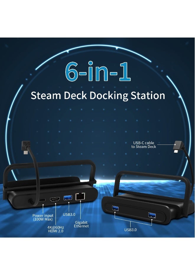 محطة إرساء لجهاز ستيم ديك، 6 في 1 محطة إرساء قابلة للطي مع HDMI 2.0 دقة 4K@60Hz، LAN بسرعة 1000Mbps، 3 منافذ USB3.0 ومنفذ شحن USB-C بقوة 100 واط لجهاز فالڤ ستيم ديك، باللون الأسود - Image 3