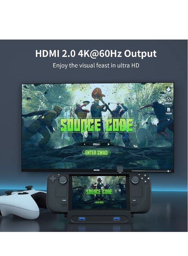 محطة إرساء لجهاز ستيم ديك، 6 في 1 محطة إرساء قابلة للطي مع HDMI 2.0 دقة 4K@60Hz، LAN بسرعة 1000Mbps، 3 منافذ USB3.0 ومنفذ شحن USB-C بقوة 100 واط لجهاز فالڤ ستيم ديك، باللون الأسود - Image 2