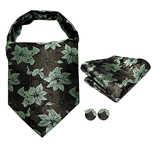 Dubulle Sage Green Brown Flower Ascot Tie for Men Self Tie Mens Cravat and Pocket Square Cufflinks Wedding Business - Image 4