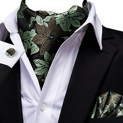 Dubulle Sage Green Brown Flower Ascot Tie for Men Self Tie Mens Cravat and Pocket Square Cufflinks Wedding Business - Image 3