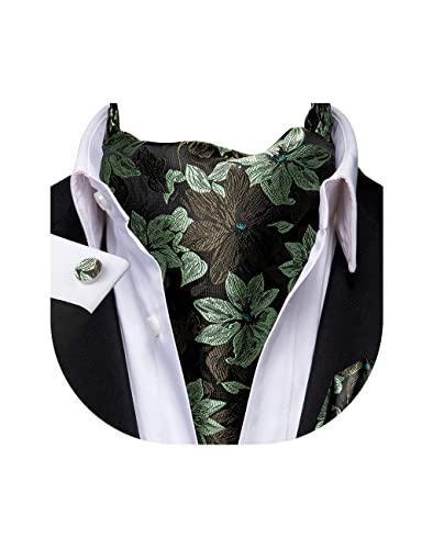 Dubulle Sage Green Brown Flower Ascot Tie for Men Self Tie Mens Cravat and Pocket Square Cufflinks Wedding Business - Image 1