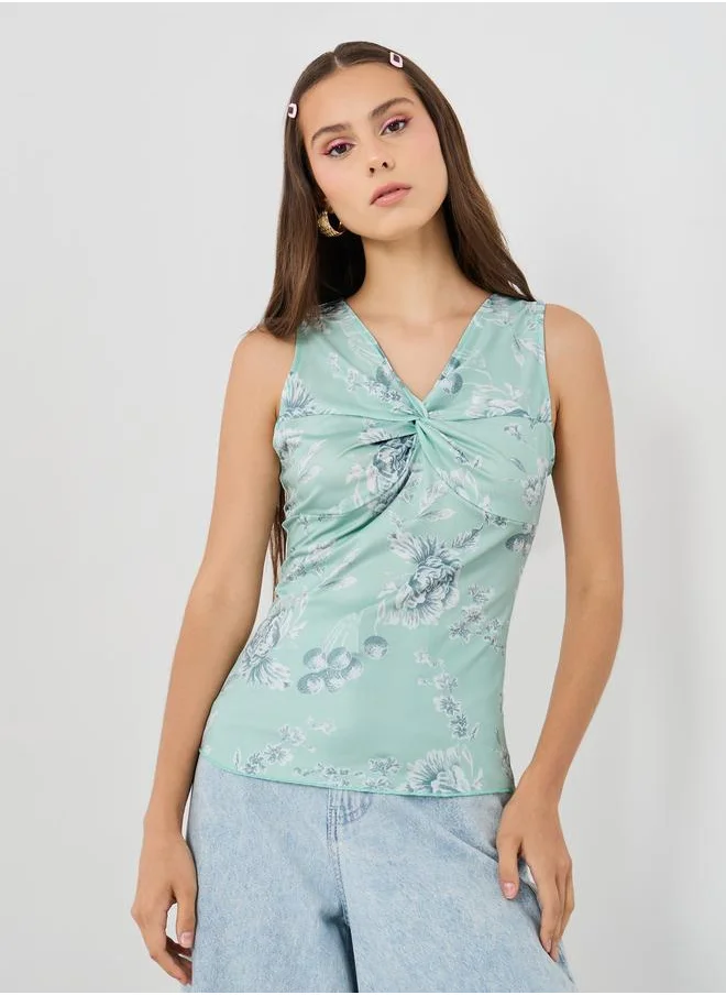 تايك تو Take Two Printed V-Neck Sleeveless Top with Front Twist Detail