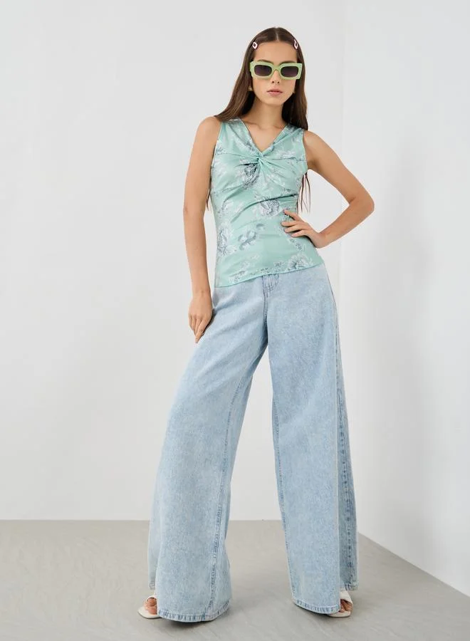 Take Two Take Two Printed V-Neck Sleeveless Top with Front Twist Detail