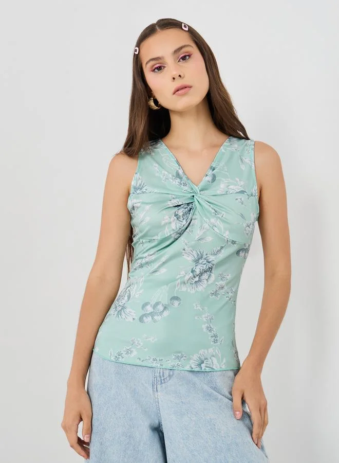 Take Two Take Two Printed V-Neck Sleeveless Top with Front Twist Detail