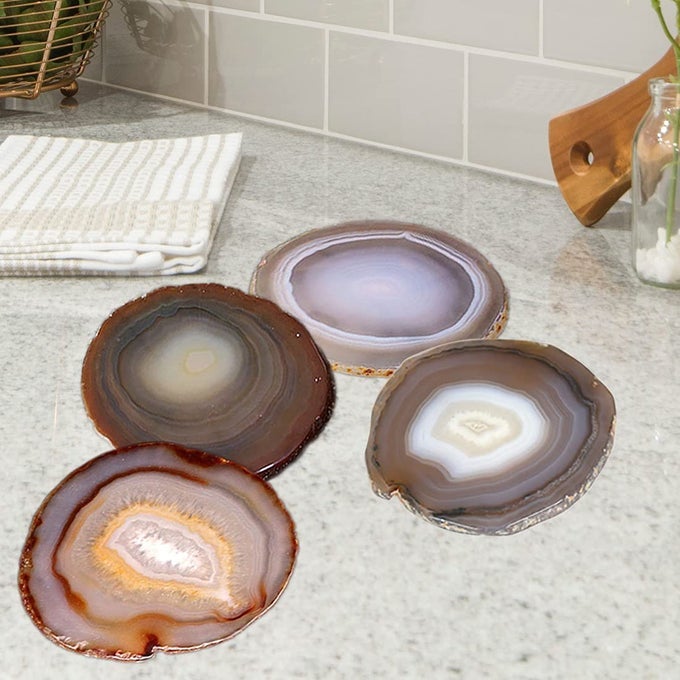 Natural Agate Stone Geode Coasters Set of 4 Brown Rock Crystal Quartz 335