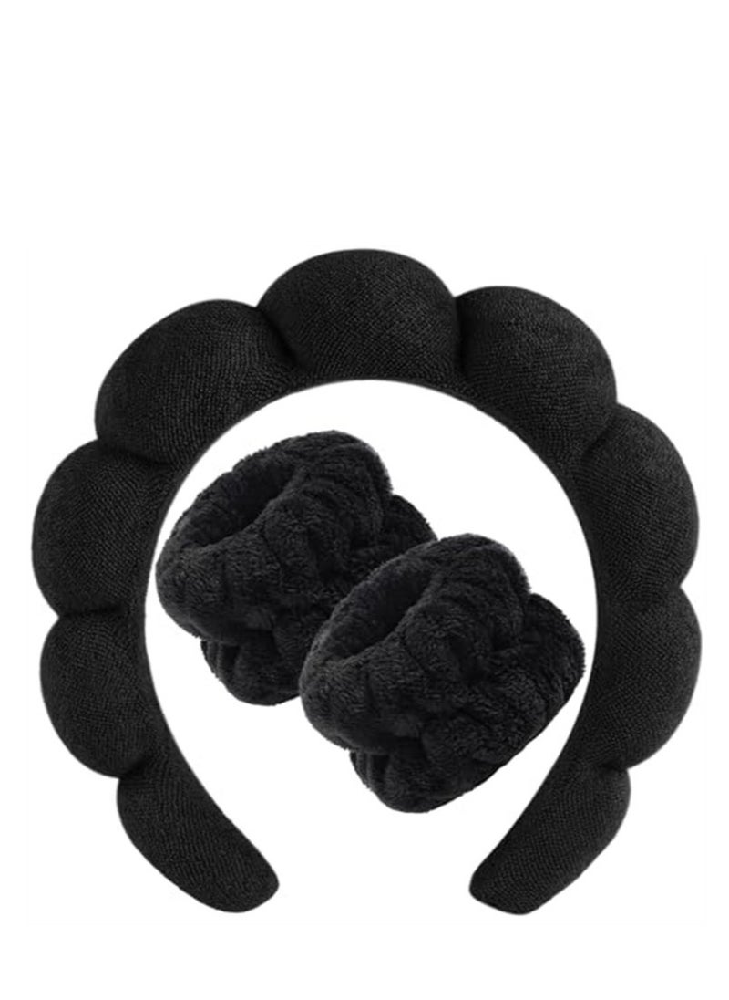 VIUAUAX Spa Headband for Washing Face, Makeup Headband and Wristband Set, Non Slip Headband Washing Face, Terry Cloth Face Wash Headband for Women Girl, Sponge Puffy Bubble Skincare Headband Black  - Image 1