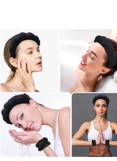 VIUAUAX عصابة رأس سبا لغسل الوجه، مجموعة عصابة رأس للمكياج وسوار معصم، عصابة رأس غير قابلة للانزلاق لغسل الوجه، عصابة رأس من قماش تيري للنساء والفتيات، عصابة رأس إسفنجية منتفخة للعناية بالبشرة باللون الأسود  - Image 3