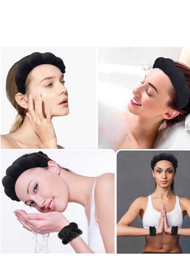 VIUAUAX Spa Headband for Washing Face, Makeup Headband and Wristband Set, Non Slip Headband Washing Face, Terry Cloth Face Wash Headband for Women Girl, Sponge Puffy Bubble Skincare Headband Black  - Image 3