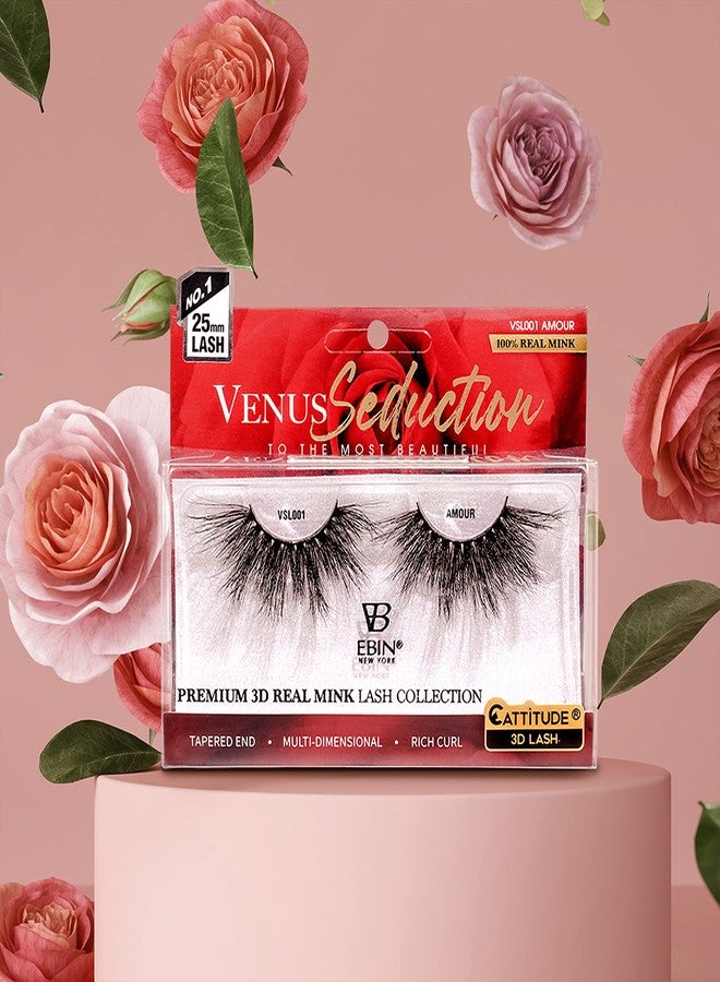 EBIN NEW YORK CATTITUDE 3D LASHES Venus Seduction Lashes | 25mm Reusable 100% Real Mink 3D Lashes Fluffy Cat Eye Look Volume Curl Lashes | Multi-dimensional | Rich curl | Tapered end - Flirt - Image 4