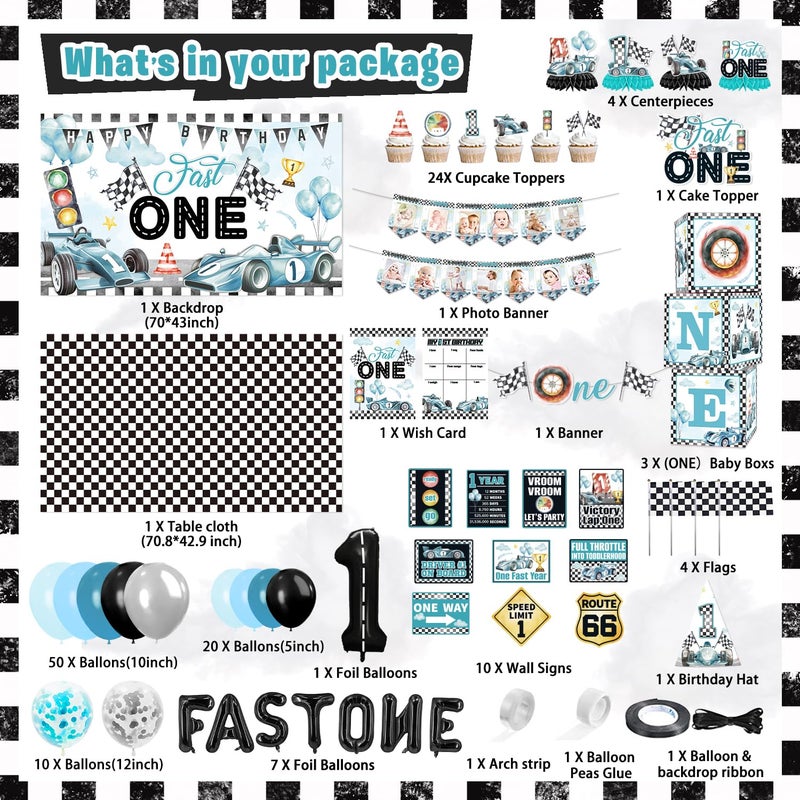 Mpanwen Fast One Birthday Decorations for Boys, 143Pcs Race Car Racing 1st Party Decor Supplies for Baby - Banner, Cake Toppers, Balloons, Tablecloth, Centerpieces, Crown, Poster, Boxes, Wall Signs - Image 2