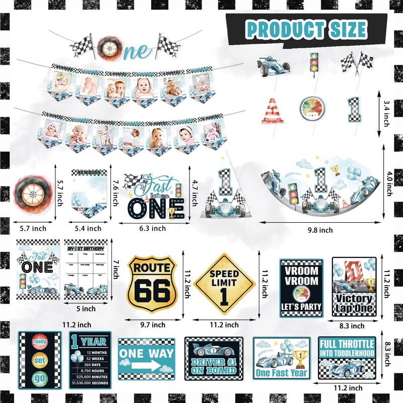 Mpanwen Fast One Birthday Decorations for Boys, 143Pcs Race Car Racing 1st Party Decor Supplies for Baby - Banner, Cake Toppers, Balloons, Tablecloth, Centerpieces, Crown, Poster, Boxes, Wall Signs - Image 3