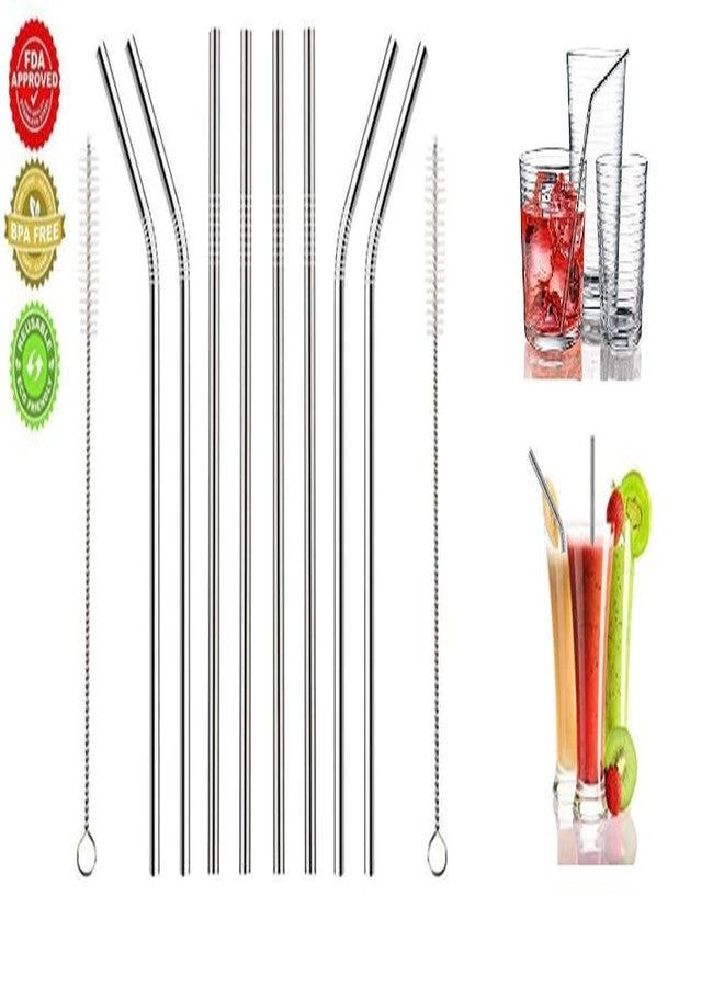 YBN Stainless Steel Straws with Cleaning Brush for Kids & Adults, Bent Reusable Metal Straws, Cutlery (Pack of 4 Straight & 4 Bent, 2 Brush) Long Steel Straws for Drinking & Drinks, Silver - Image 1