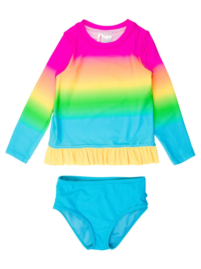 RuffleButts Baby/Toddler Girls Long Sleeve Rash Guard UPF50+ Sun Protected Bikini Swimsuit - Neon Sunset, 2T - Image 1