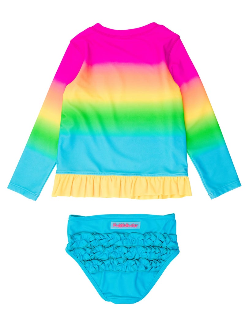 RuffleButts Baby/Toddler Girls Long Sleeve Rash Guard UPF50+ Sun Protected Bikini Swimsuit - Neon Sunset, 2T - Image 4