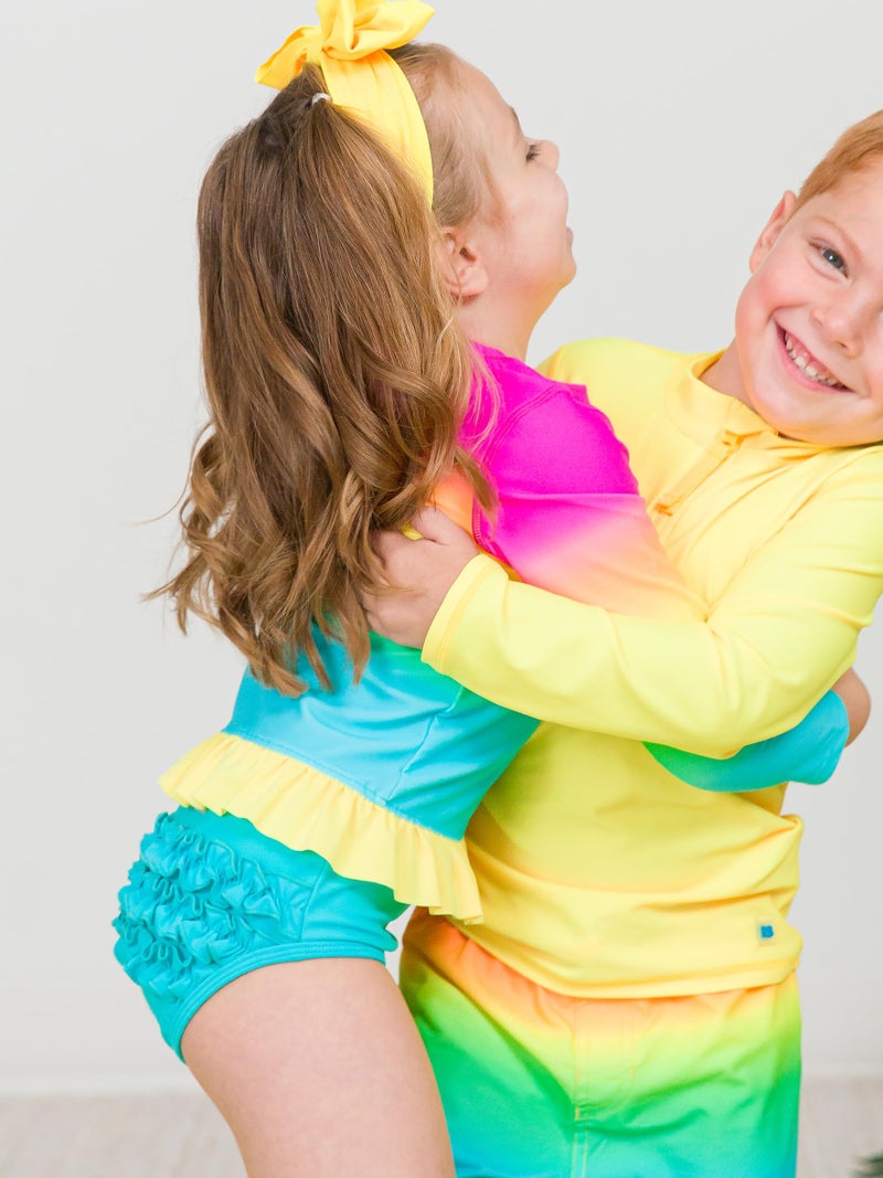RuffleButts Baby/Toddler Girls Long Sleeve Rash Guard UPF50+ Sun Protected Bikini Swimsuit - Neon Sunset, 2T - Image 2