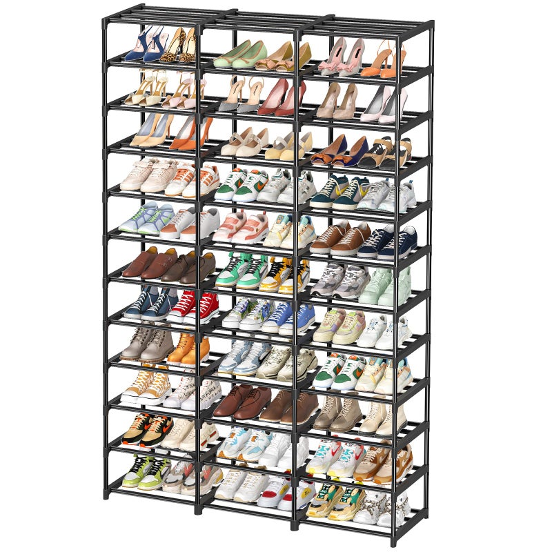 Ekisemio Shoe Rack Large Capacity 72 Pairs Tall Shoe Shelf 3 Row 12 Tiers Sturdy Metal Shoe Organizer for Entryway Closet Bedroom Black
