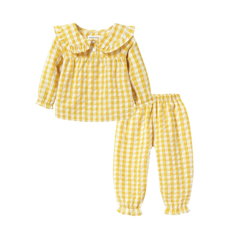 Mud Kingdom Little Girls Lounge Outfits Button Down Lattice Peter Pan Collar Indoor Wear Yellow Size 7-8 - Image 1
