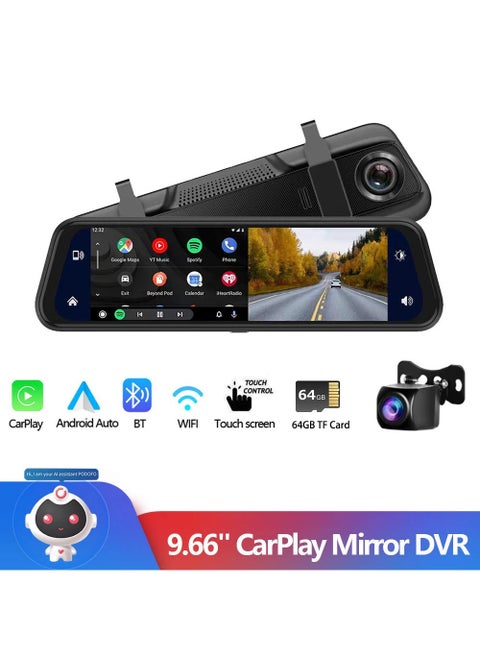 Mirror Dash Cam with Wireless CarPlay & Wireless Android Auto , 9.66 Inch 1080P HD Touchscreen Waterproof Dash Cam with 4K Front Camera +1080P Reversing Cameral, 64G TF Card