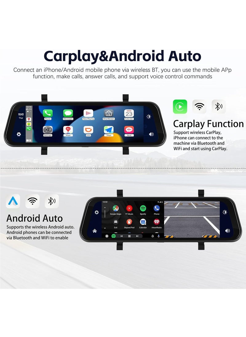 Mirror Dash Cam with Wireless CarPlay & Wireless Android Auto , 9.66 Inch 1080P HD Touchscreen Waterproof Dash Cam with 4K Front Camera +1080P Reversing Cameral, 64G TF Card