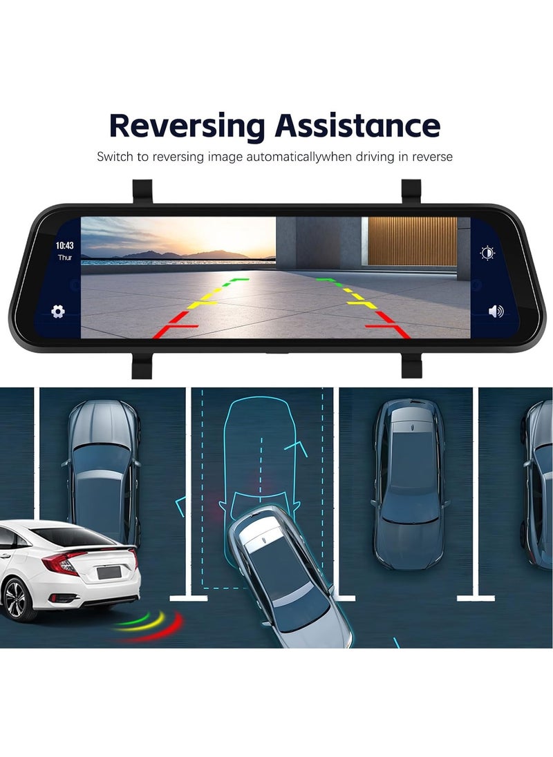 Mirror Dash Cam with Wireless CarPlay & Wireless Android Auto , 9.66 Inch 1080P HD Touchscreen Waterproof Dash Cam with 4K Front Camera +1080P Reversing Cameral, 64G TF Card
