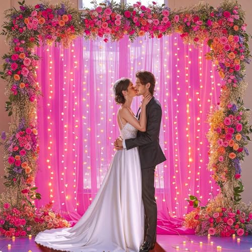 PARTISKY 10x10ft Hot Pink Tulle Backdrop Curtain with Lights String for Parites, Sheer Backdrop Curtains for Wedding Baby Shower Birthday Party Photo Shoot Decorations - Image 2
