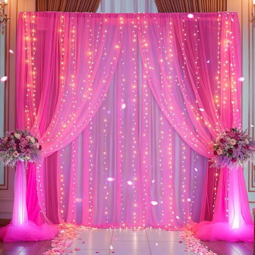 PARTISKY 10x10ft Hot Pink Tulle Backdrop Curtain with Lights String for Parites, Sheer Backdrop Curtains for Wedding Baby Shower Birthday Party Photo Shoot Decorations - Image 4