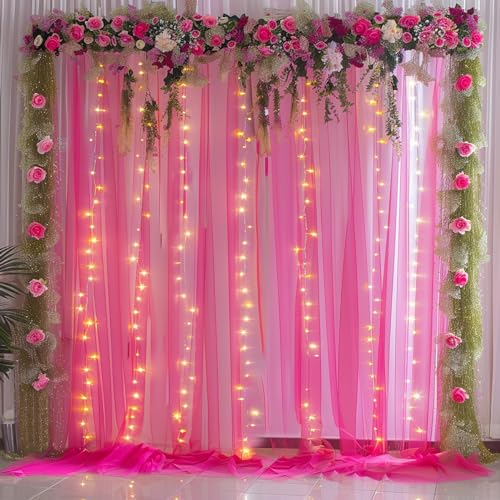 PARTISKY 10x10ft Hot Pink Tulle Backdrop Curtain with Lights String for Parites, Sheer Backdrop Curtains for Wedding Baby Shower Birthday Party Photo Shoot Decorations - Image 1