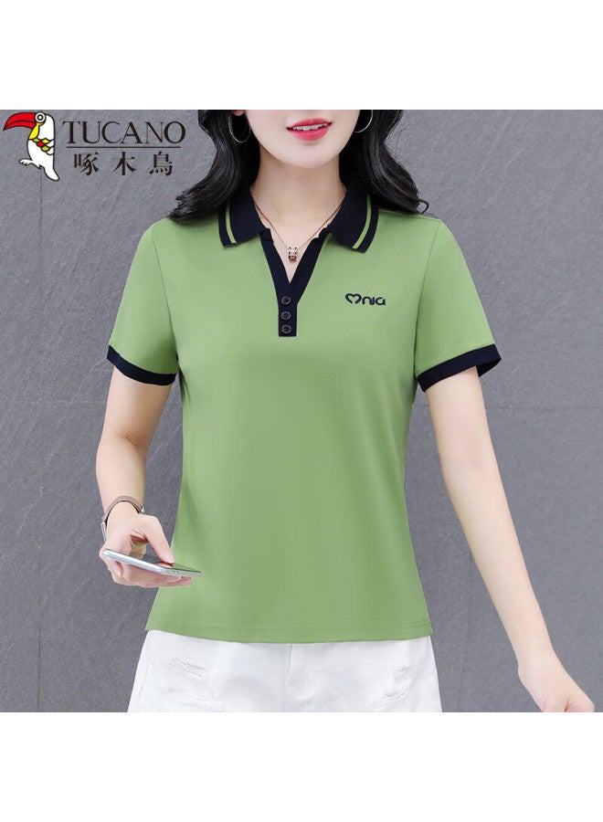 Wood Women's Plus Size Short Sleeve Polo Shirt Spring Summer New Turn-down Collar Shoulder Slimming Top Green 2XL