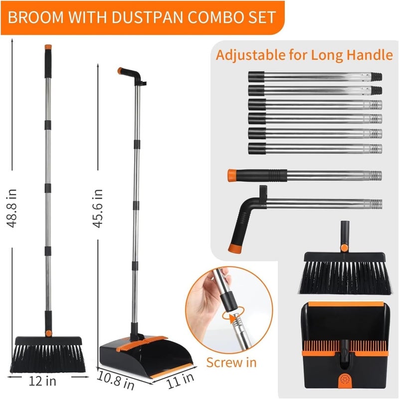 HOUSLET Broom and Dustpan Set, Large Brooms and Dust Pans with 48'' Long Handle, Upright Broom and Dustpan Comb for Lobby Dog Cat Pets Hair Home Use and Kitchen Cleaning (Orange and Black) - Image 2