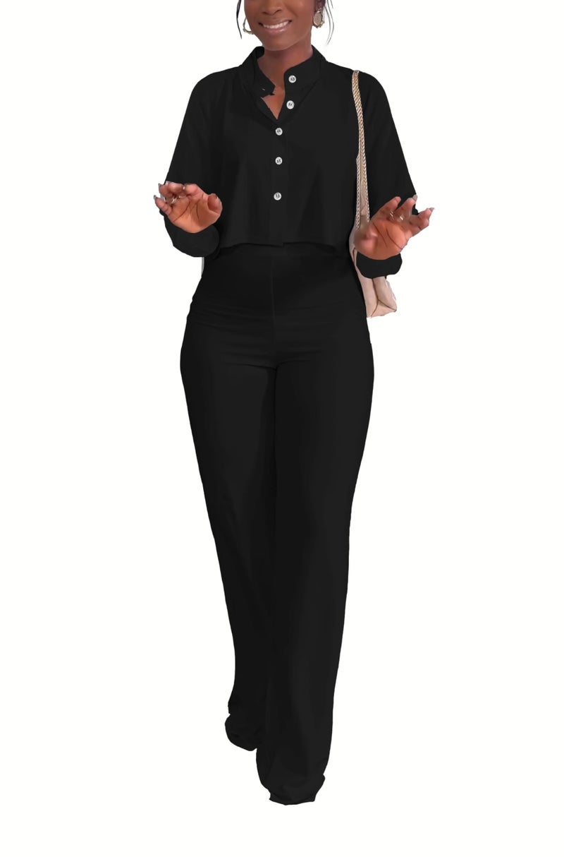 HBQ Women's 2 Piece Outfits Casual Tracksuit Long Sleeve Button Down Crop Top Wide Leg Long Pant Lounge Sets-S-Black - Image 4