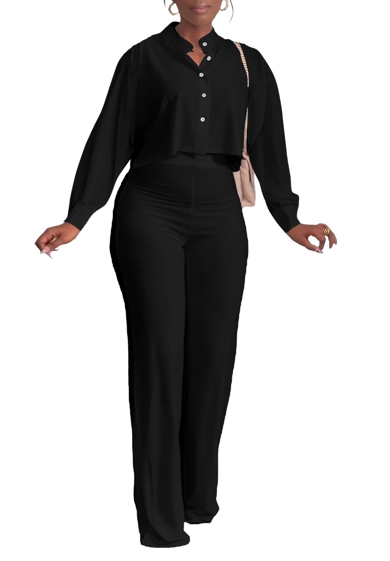 HBQ Women's 2 Piece Outfits Casual Tracksuit Long Sleeve Button Down Crop Top Wide Leg Long Pant Lounge Sets-S-Black - Image 1