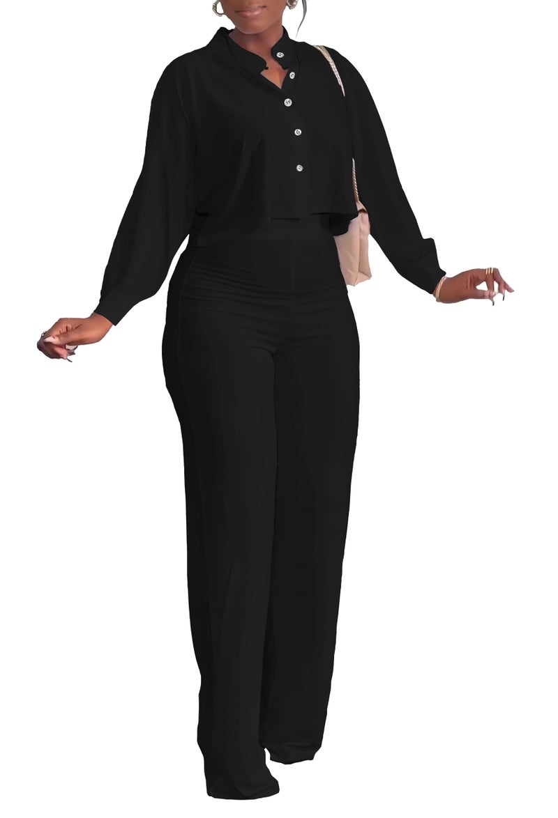HBQ Women's 2 Piece Outfits Casual Tracksuit Long Sleeve Button Down Crop Top Wide Leg Long Pant Lounge Sets-S-Black - Image 5