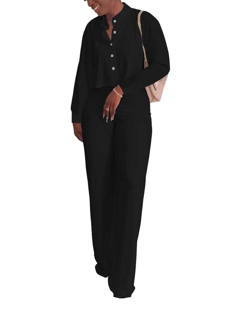 HBQ Women's 2 Piece Outfits Casual Tracksuit Long Sleeve Button Down Crop Top Wide Leg Long Pant Lounge Sets-S-Black - Image 2