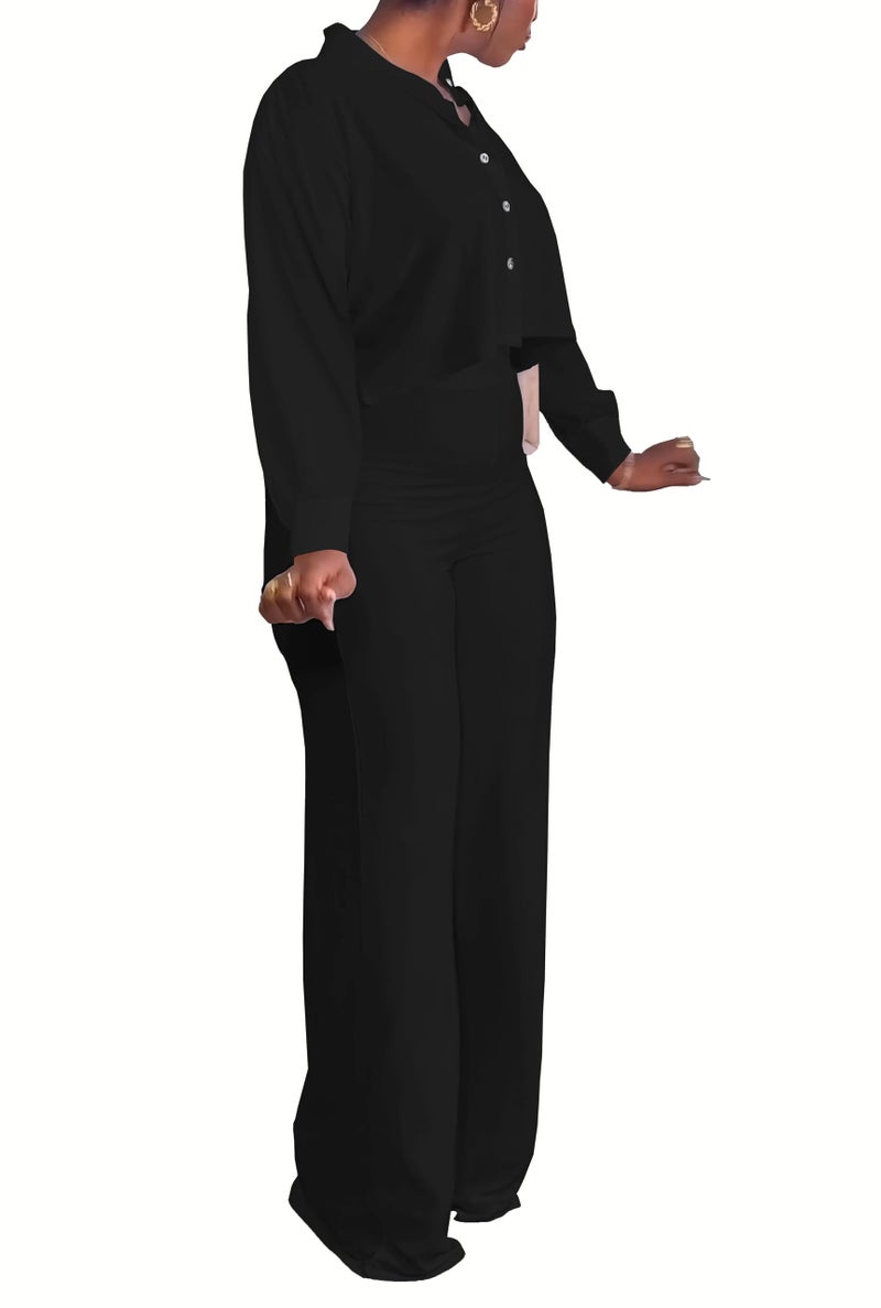 HBQ Women's 2 Piece Outfits Casual Tracksuit Long Sleeve Button Down Crop Top Wide Leg Long Pant Lounge Sets-S-Black - Image 3