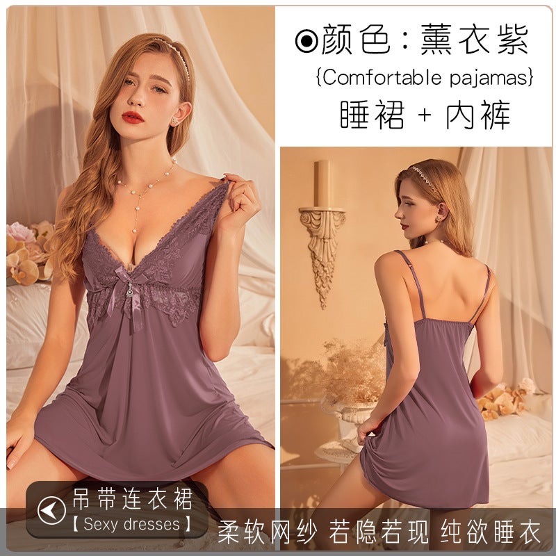 Sling V-neck Loose Casual Pajamas Large Size Underwear for Chubby Girls Nightdress Thin Summer Naked Sense Dress for Women