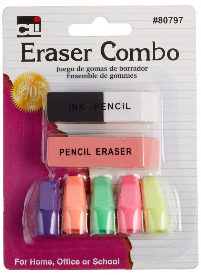 Charles Leonard Pencil Eraser Combo Pack, Includes 1 Pen/Ink Eraser, 1 Pink Pencil Eraser and 5 Pencil Cap Erasers, 7-Pack (80797)