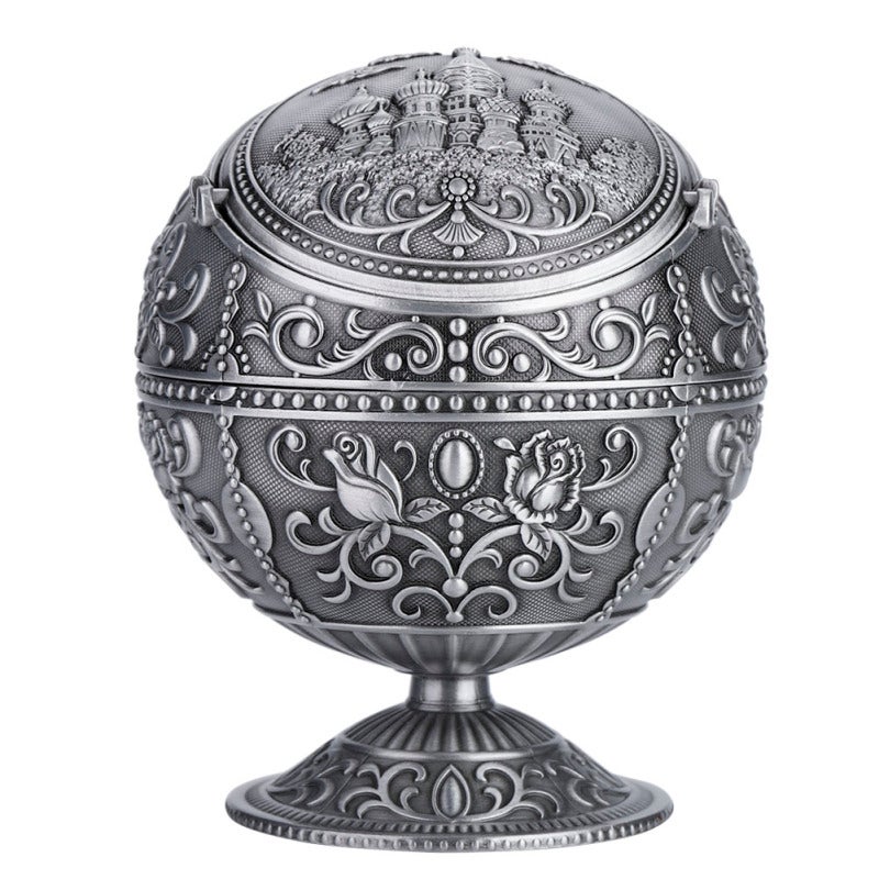 Vintage Art Craft Ashtray Metal Round Ball Stamped Pattern Gift Decoration (Silver) - Image 1
