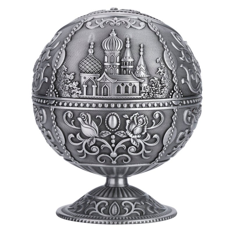 Vintage Art Craft Ashtray Metal Round Ball Stamped Pattern Gift Decoration (Silver) - Image 2