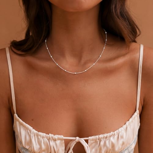 Tewiky Silver Chain Necklace for Women, Dainty Silver Beaded Necklaces Simple Choker Necklaces Everyday Beaded Cute Aesthetic Jewelry for Women - Image 4